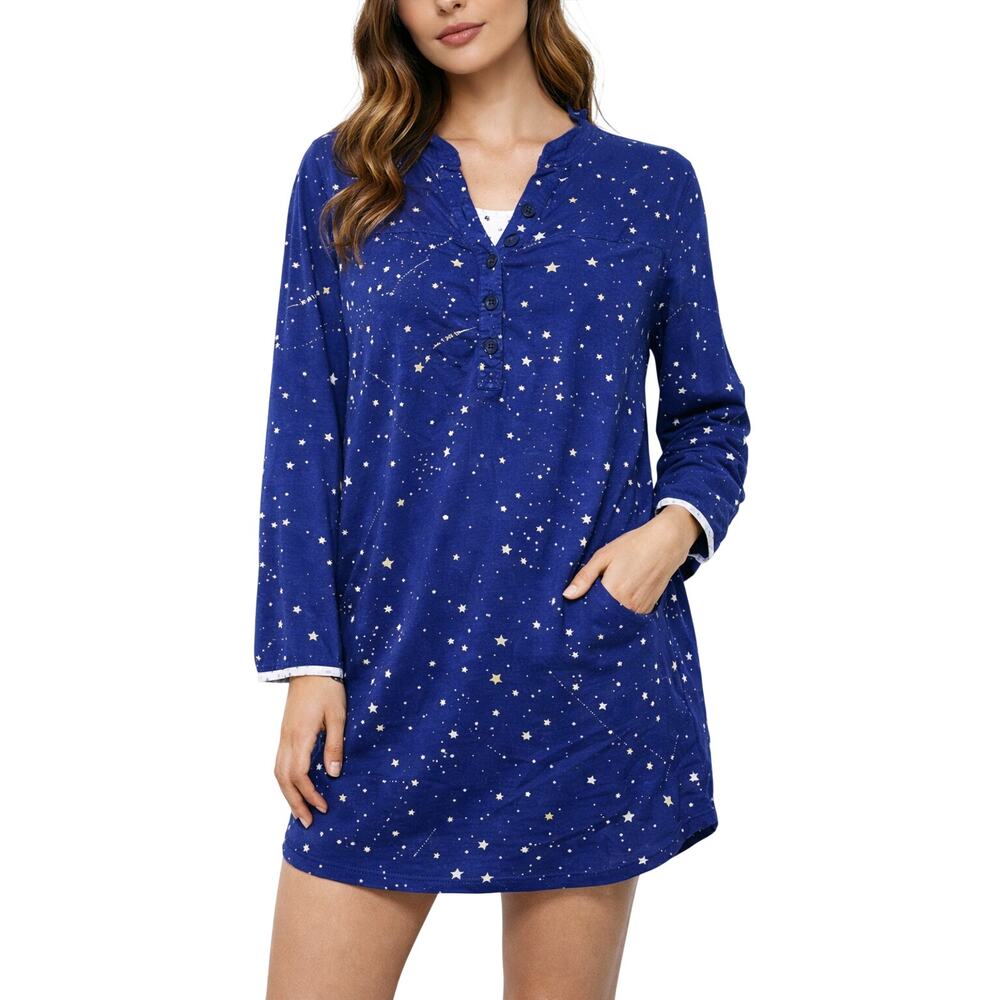 Nick & Nora Sleep Button-Up Shirt Women's Size XL Cotton Blue Stars Patriotic